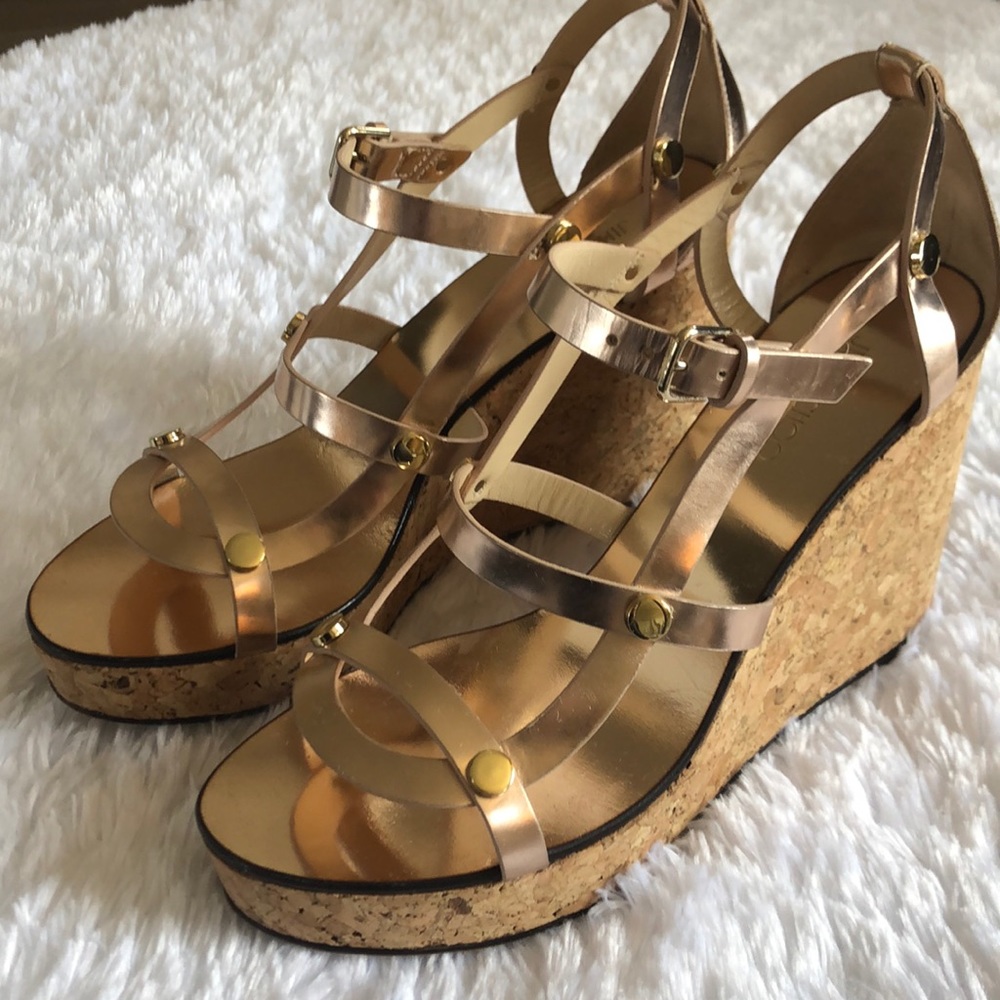 Jimmy Choo Rose gold cork wedges